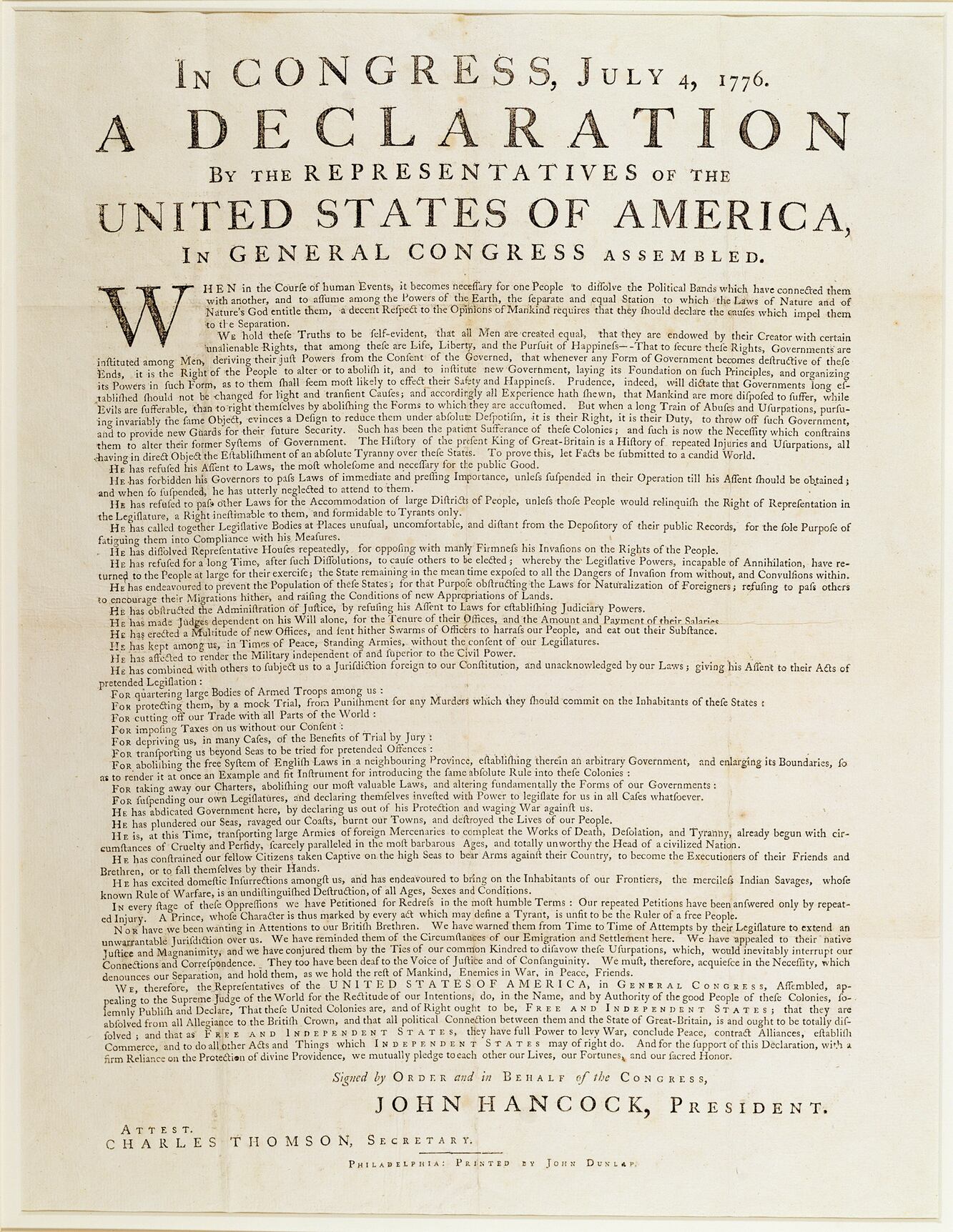 Una de las 23 copias originales de la Declaración de Independencia de Estados Unidos.