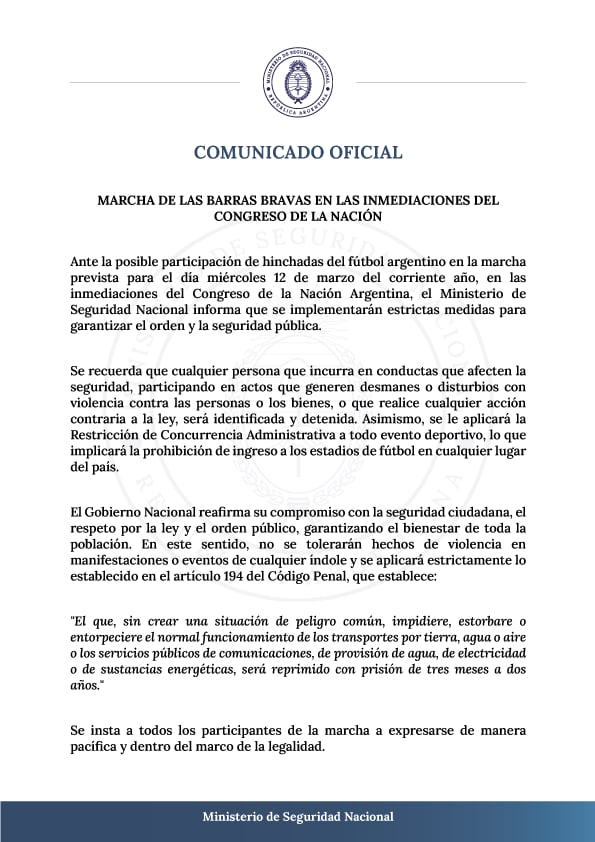 El comunicado del ministerio de Seguridad sobre las medidas que se tomarán en la marcha de jubilados de este miércoles 12 de marzo