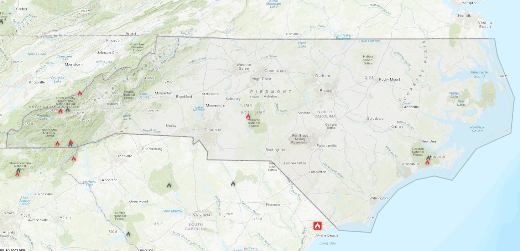 Incendio Ramshorn en Carolina del Norte: este foco, que superó las 40 hectáreas, fue contenido durante el fin de semana, pero otros incendios menores siguen activos en el estado