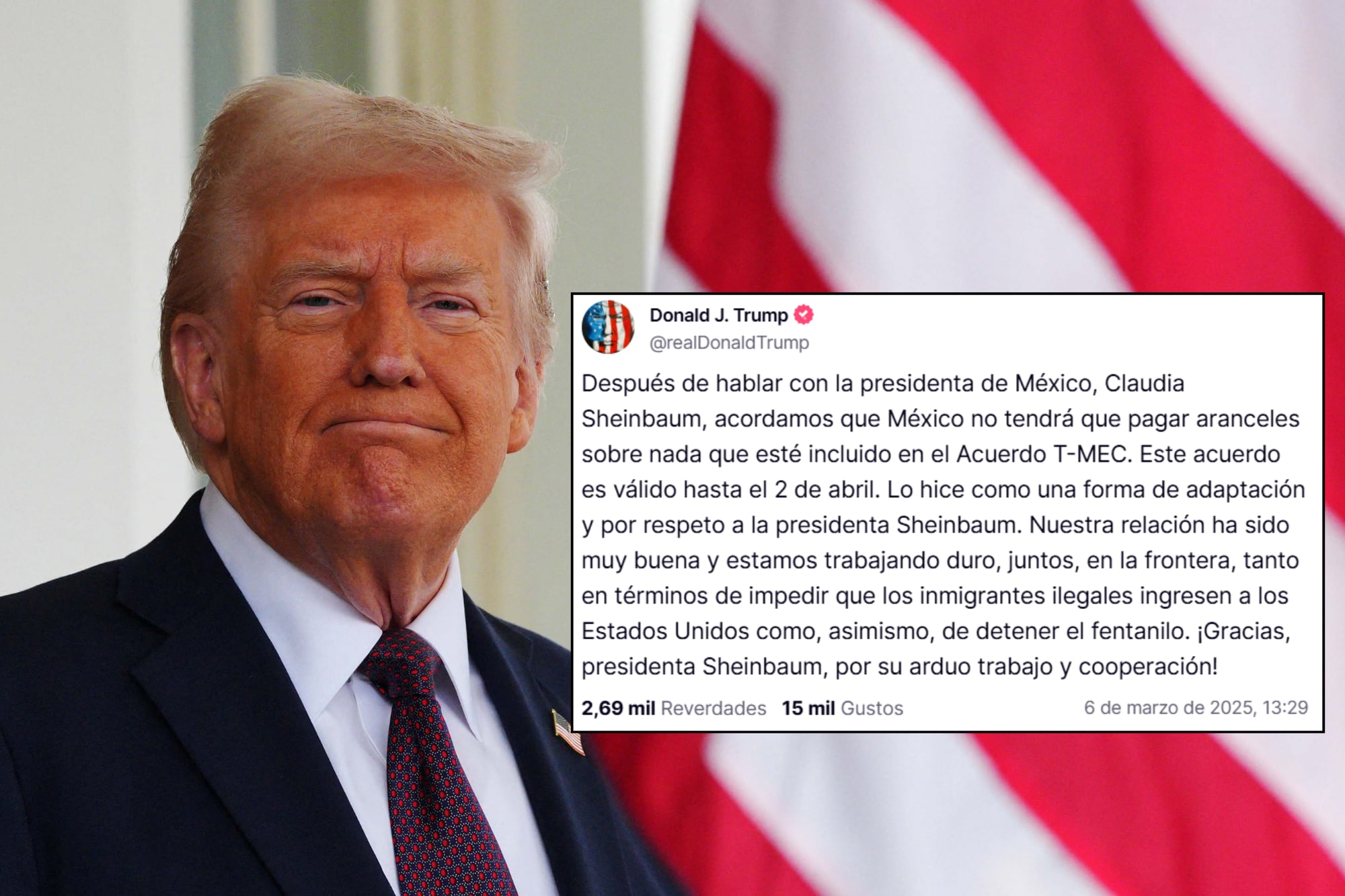 El presidente de EE.UU., Donald Trump, anunció que México seguirá exento de pagar aranceles hasta el 2 de abril, en el marco del Usmca