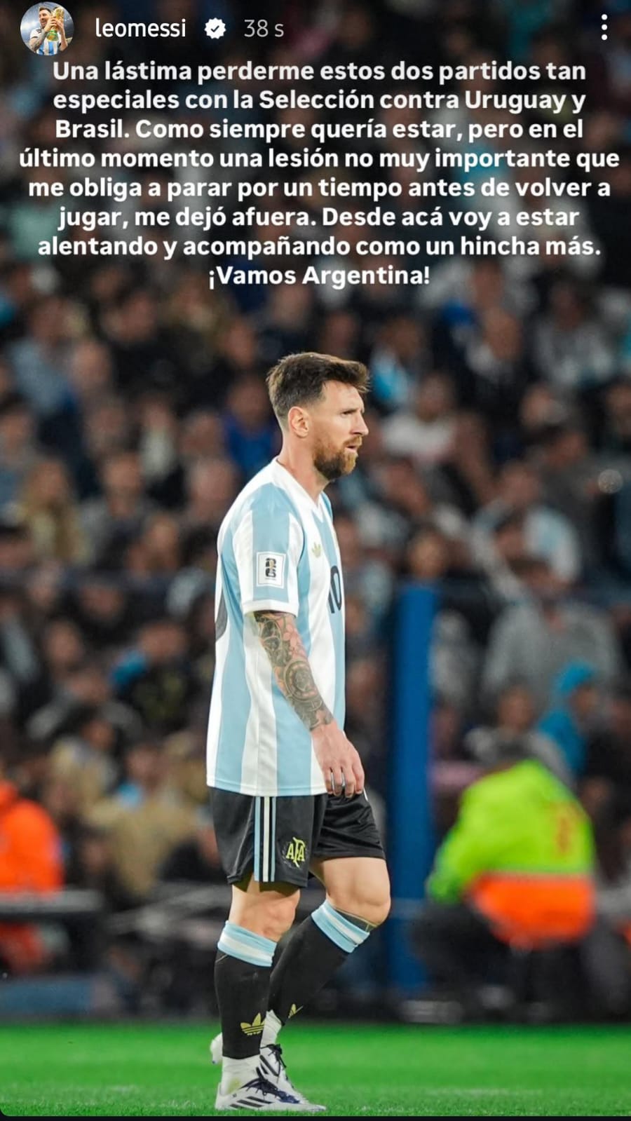 Lionel Messi lamentó no poder estar para los partidos de la Selección argentina. (Foto: Instagram).