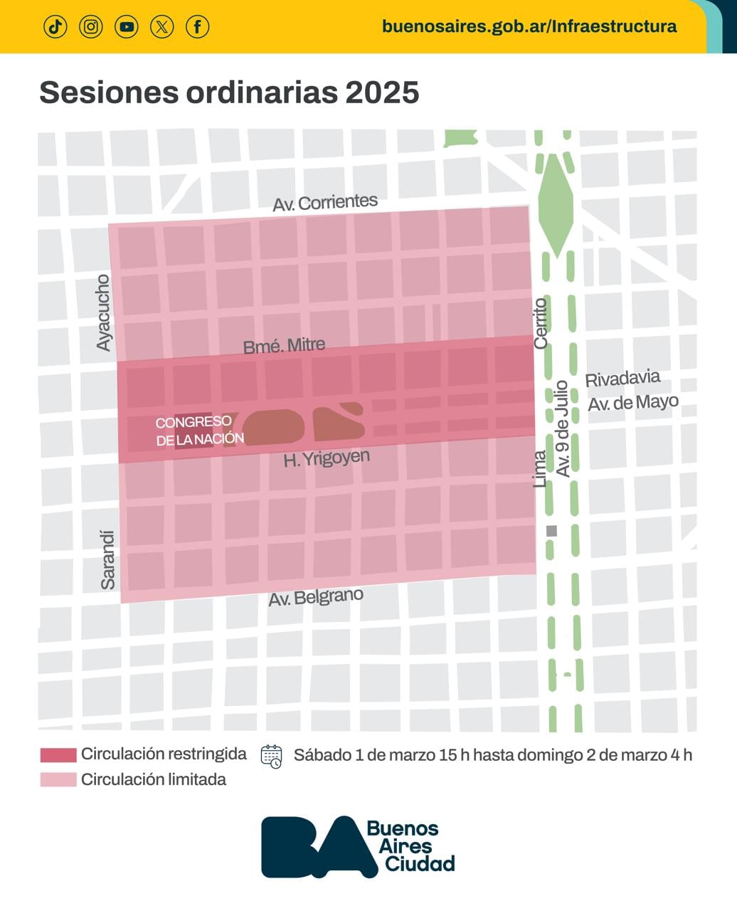 El mapa de cortes previstos por el gobierno de la Ciudad Autónoma de Buenos Aires para el 1° de marzo por la Apertura de Sesiones Ordinarias del Congreso