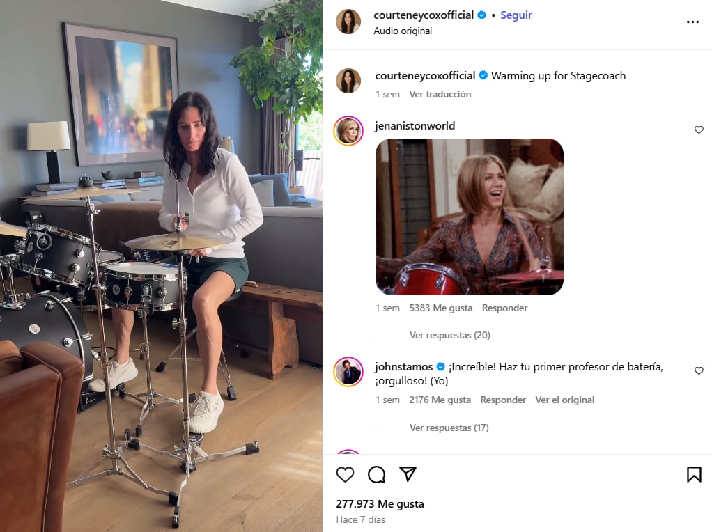 El comentario del profesor de batería de Courteney Cox (Foto: Captura Instagram@courteneycoxofficial)