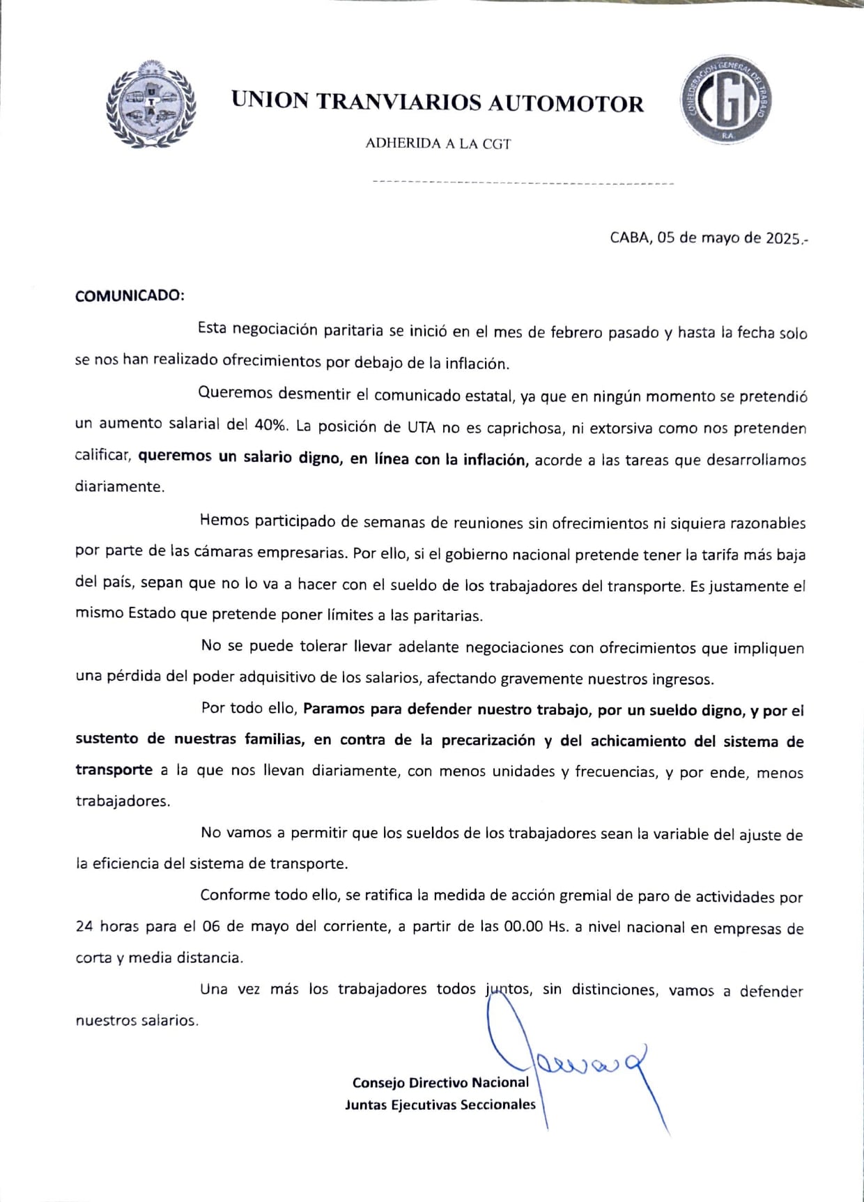 Comunicado de la UTA por el cual ratificó el paro de colectivos de este martes 6 de mayo