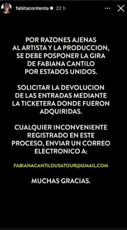 El breve comunicado con que el equipo de trabajo de Fabiana Cantilo anunció la cancelación de los shows (Foto: Captura Instagram/@fabitacontenta)