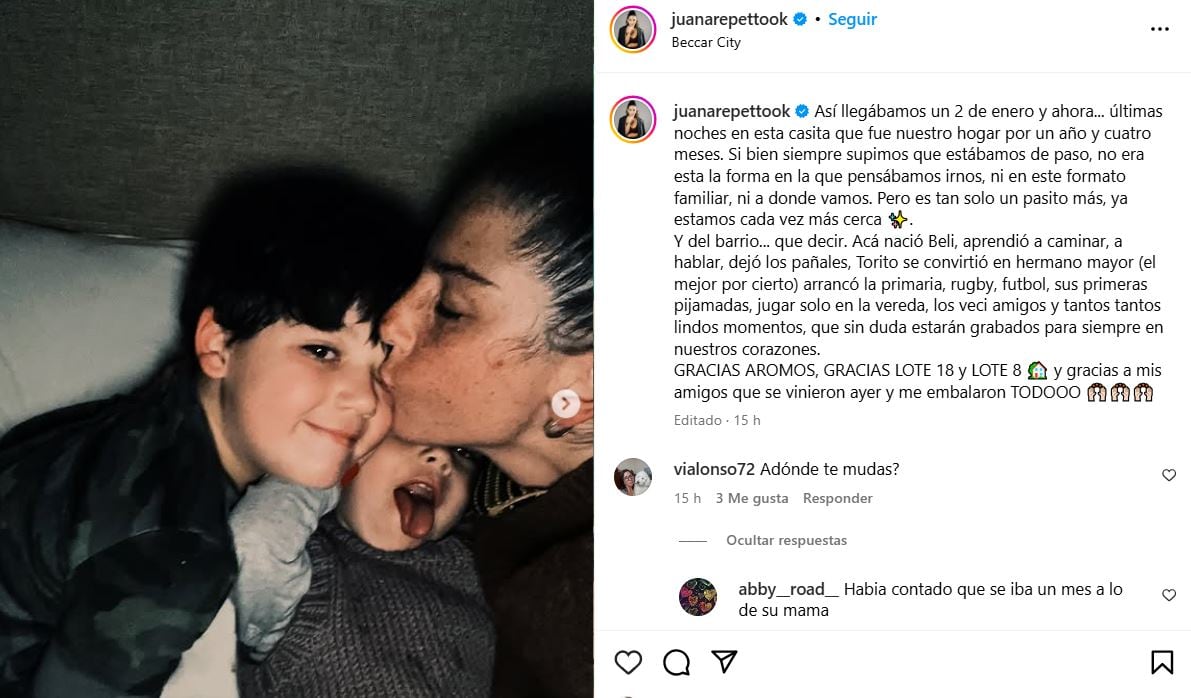 Juana Repetto compartió un posteo en el que mostró su dolor por la mudanza. (Foto: Instagram/juanarepettook)