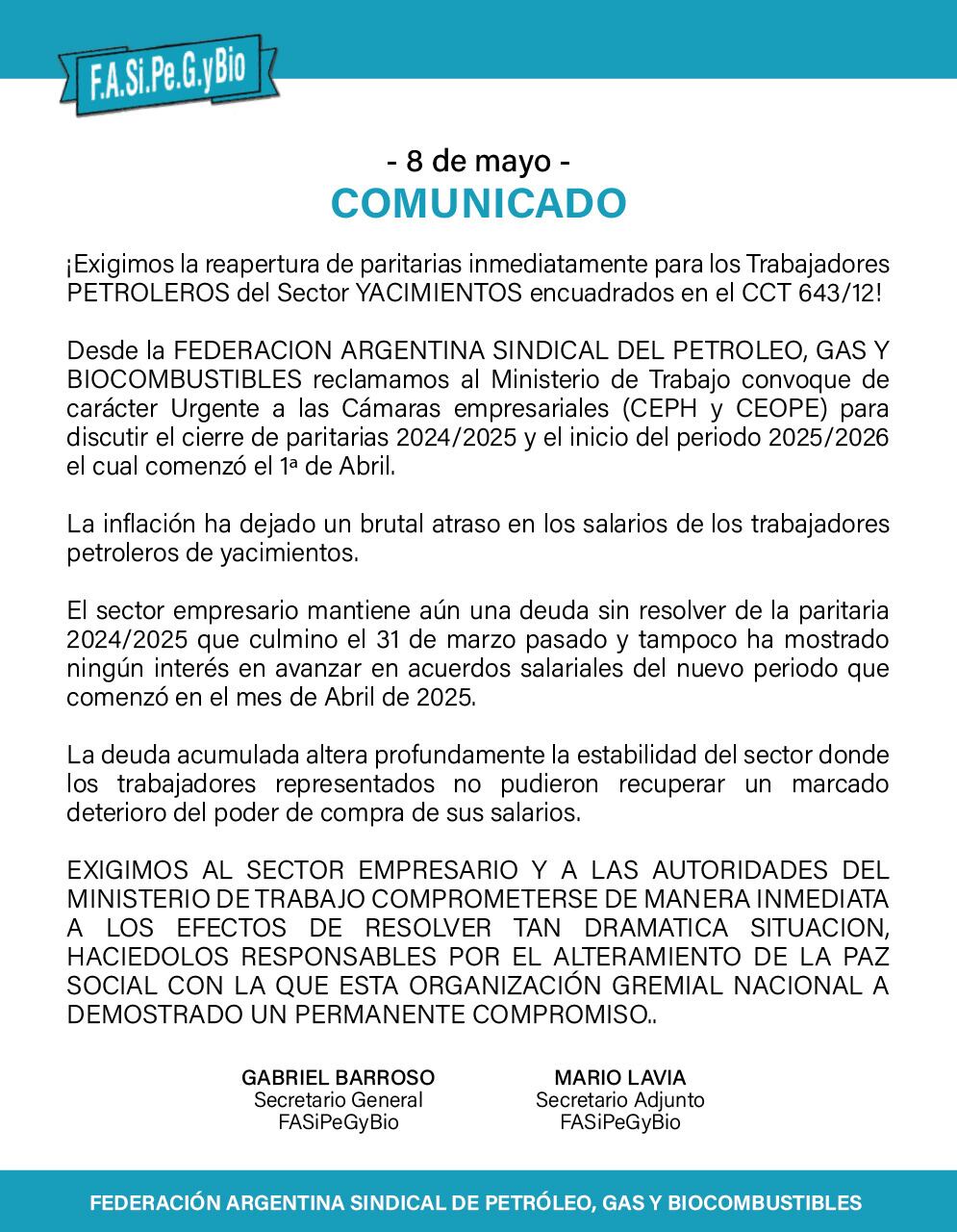 El comunicado de la Federación Argentina Sindical de Petróleo, Gas y Biocombustibles. (Foto: FASIPEGYBIO)