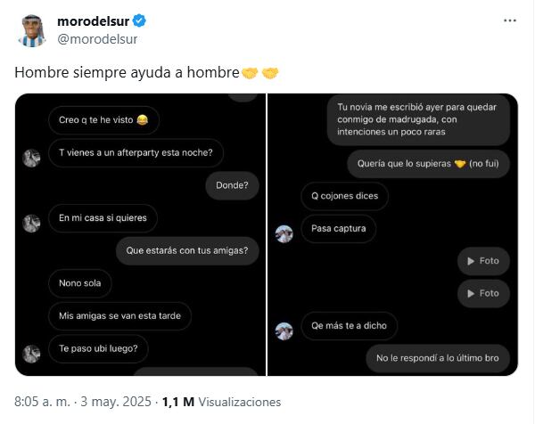 El joven compartió las capturas del chat que tuvo con la novia del joven. (Captura: X/@morodelsur)