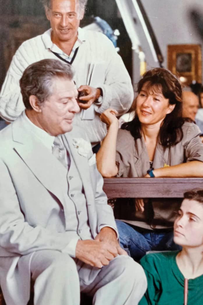 Junto a Marcello Mastroianni durante la filmación de De eso no se habla, película de María Luisa Bemberg estrenada en 1993.