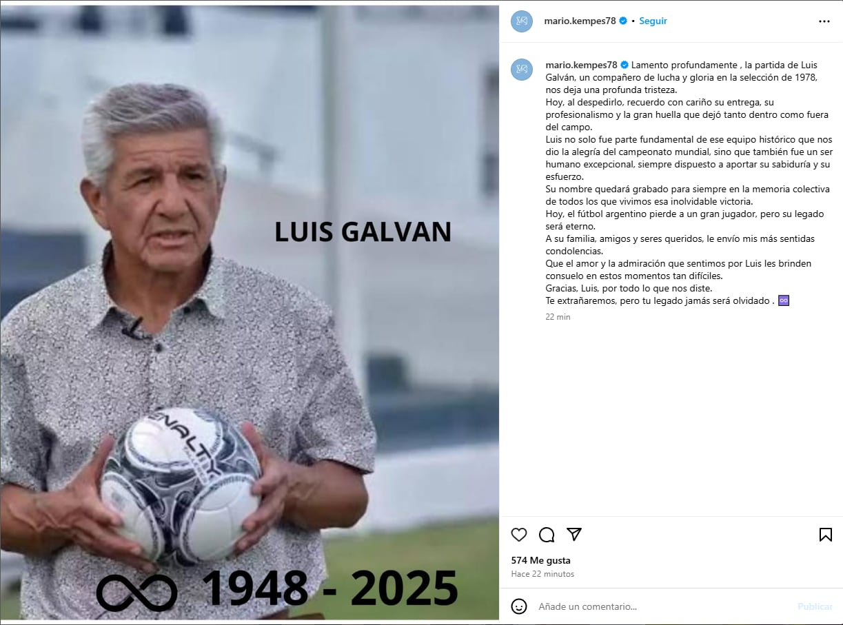 La despedida de Mario Kempes a Luis Galván (Foto: IG/@mario.kempes78)