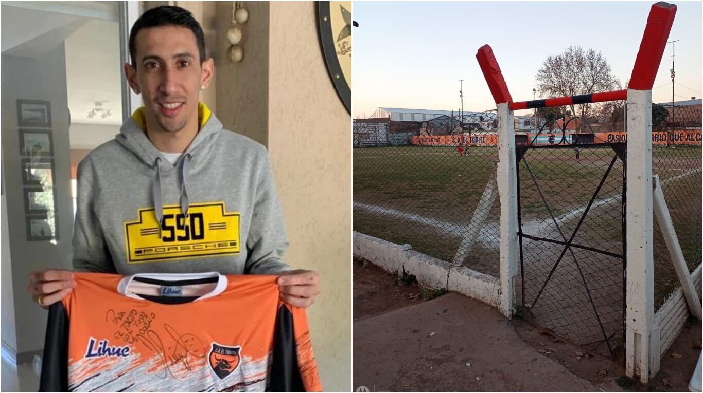 El Fideo con la camiseta del Torito y la puerta de la canchita del club. (Foto: Instagram / @clubeltorito).