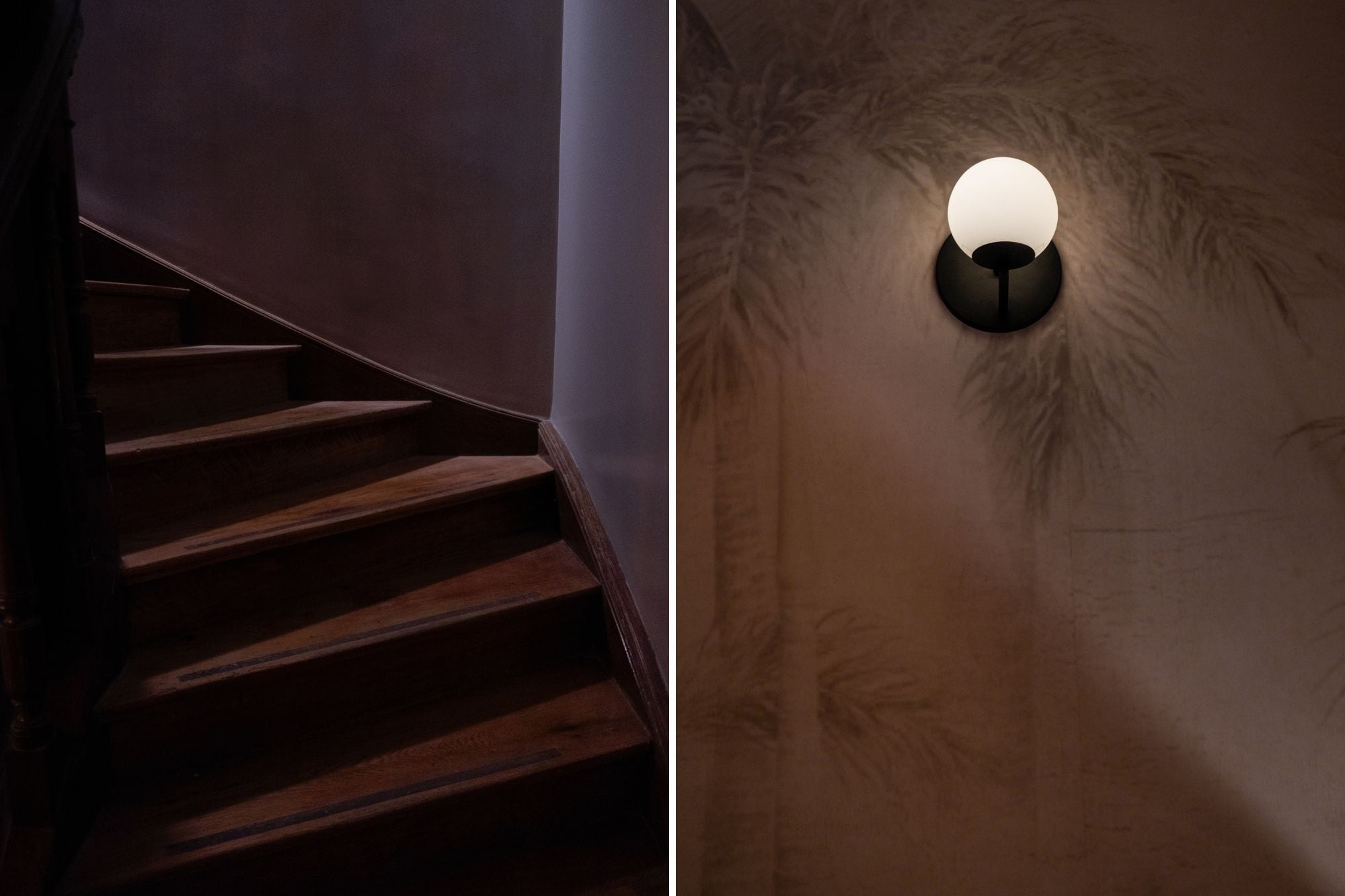 La escalera se pulió y se conservó en madera. En la segunda planta el empapelado apenas insinúa sombras vegetales.