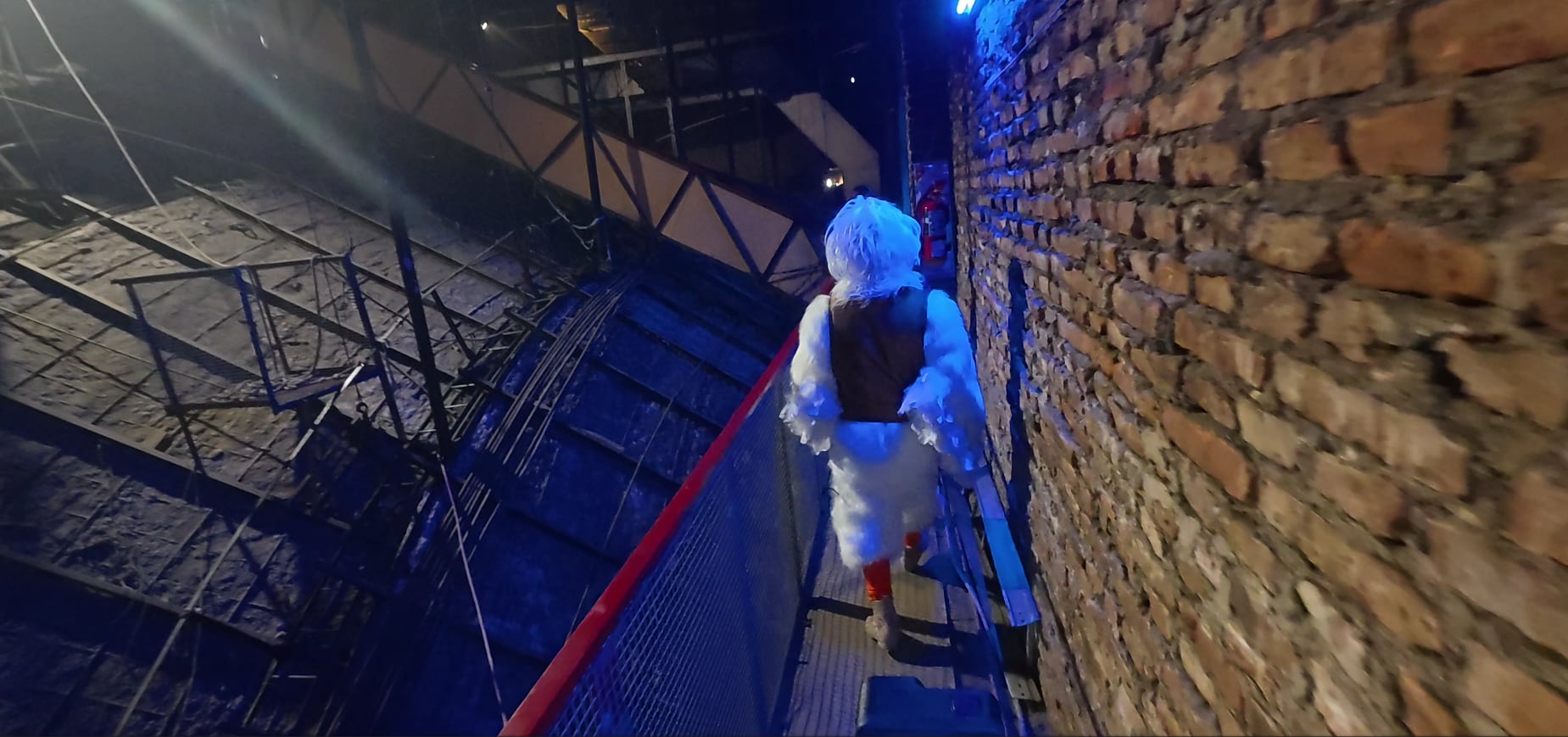 Nahuel Adhami con su traje de la Gaviota; el actor deja plumas a su paso cada vez que sube a la estructura en altura