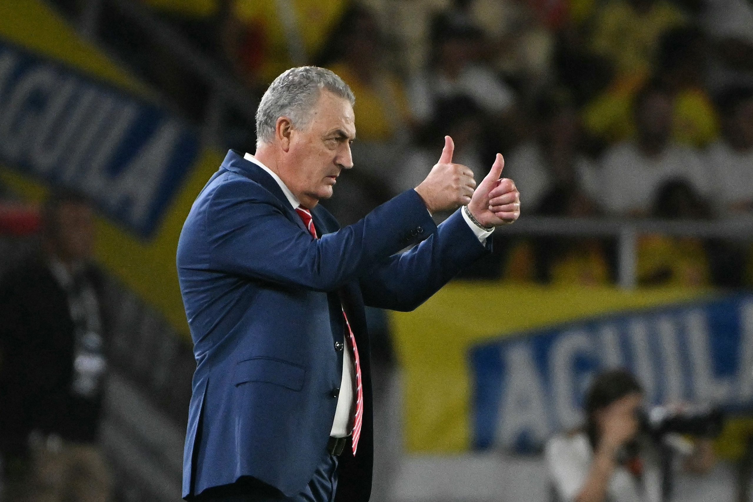 Paraguay's Argentine head coach Gustavo Alfaro gestures during the 2026 FIFA World Cup South American qualifiers football match between Colombia and Paraguay at the Metropolitano Roberto Melendez stadium in Barranquilla, Colombia, on March 25, 2025. (Photo by Luis ACOSTA / AFP)