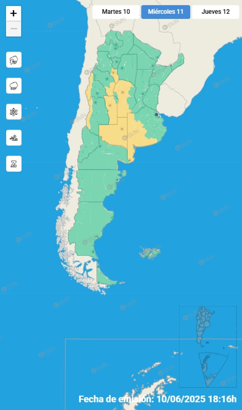 Las alertas emitidas por el SMN para este miércoles 11 de junio.