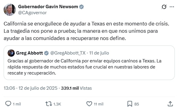 Gavin Newsom destacó que el envío de recursos no compromete la capacidad de respuesta de su estado ante incendios y desastres locales