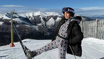 Zaira Nara abrió la temporada de esquí: mono estampado en pied de poule y capucha de piel