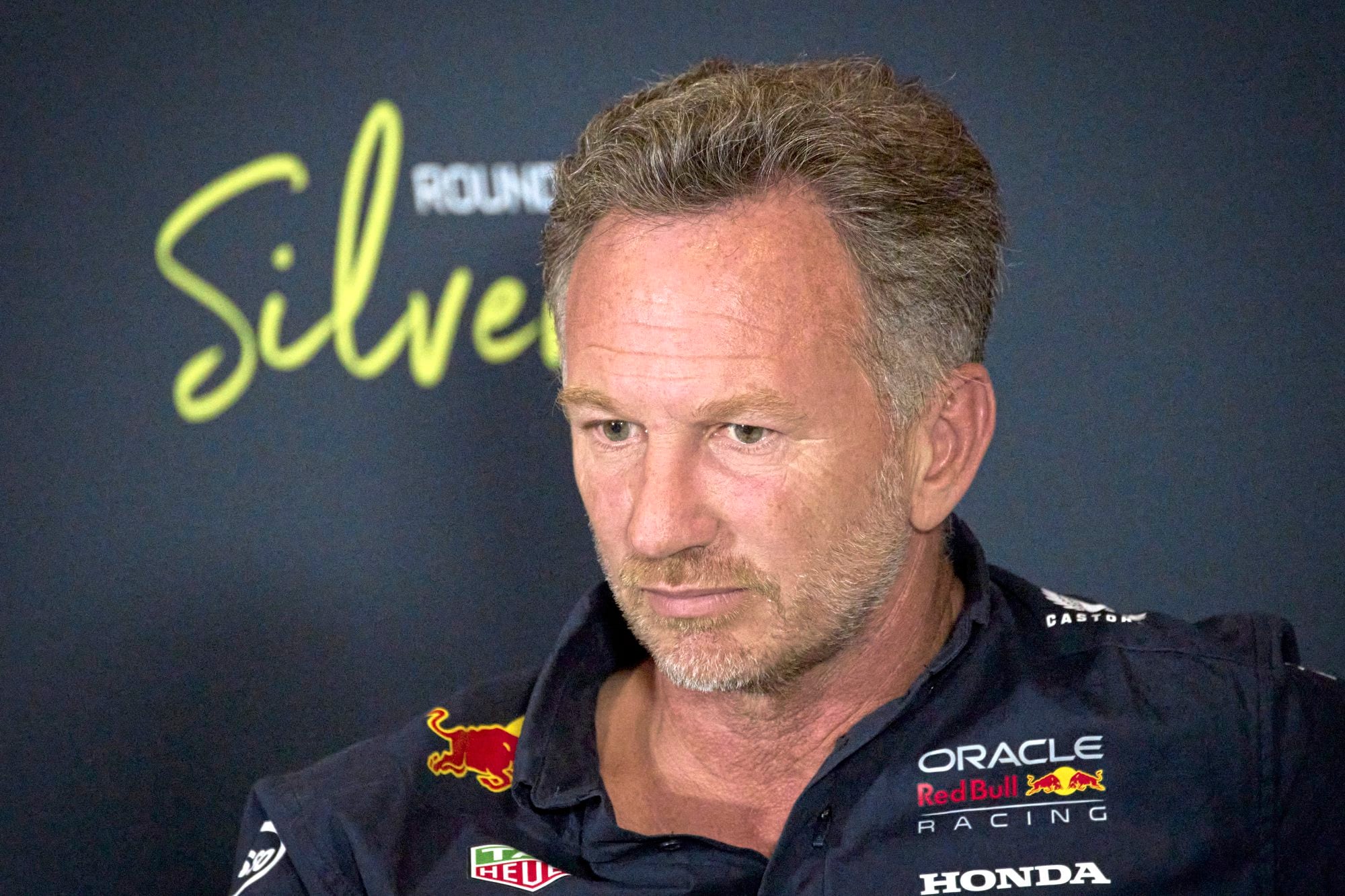 Former Red Bull team principal Christian Horner attends a news conference at the Silverstone racetrack, ahead of the British Formula One Grand Prix, in Silverstone, England, Friday, July 4, 2025. (AP Photo/Darko Bandic)