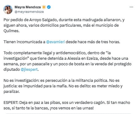 La respuesta a la detención de una concejala kirchnerista de Quilmes. (Foto: X/Mayra Mendoza).