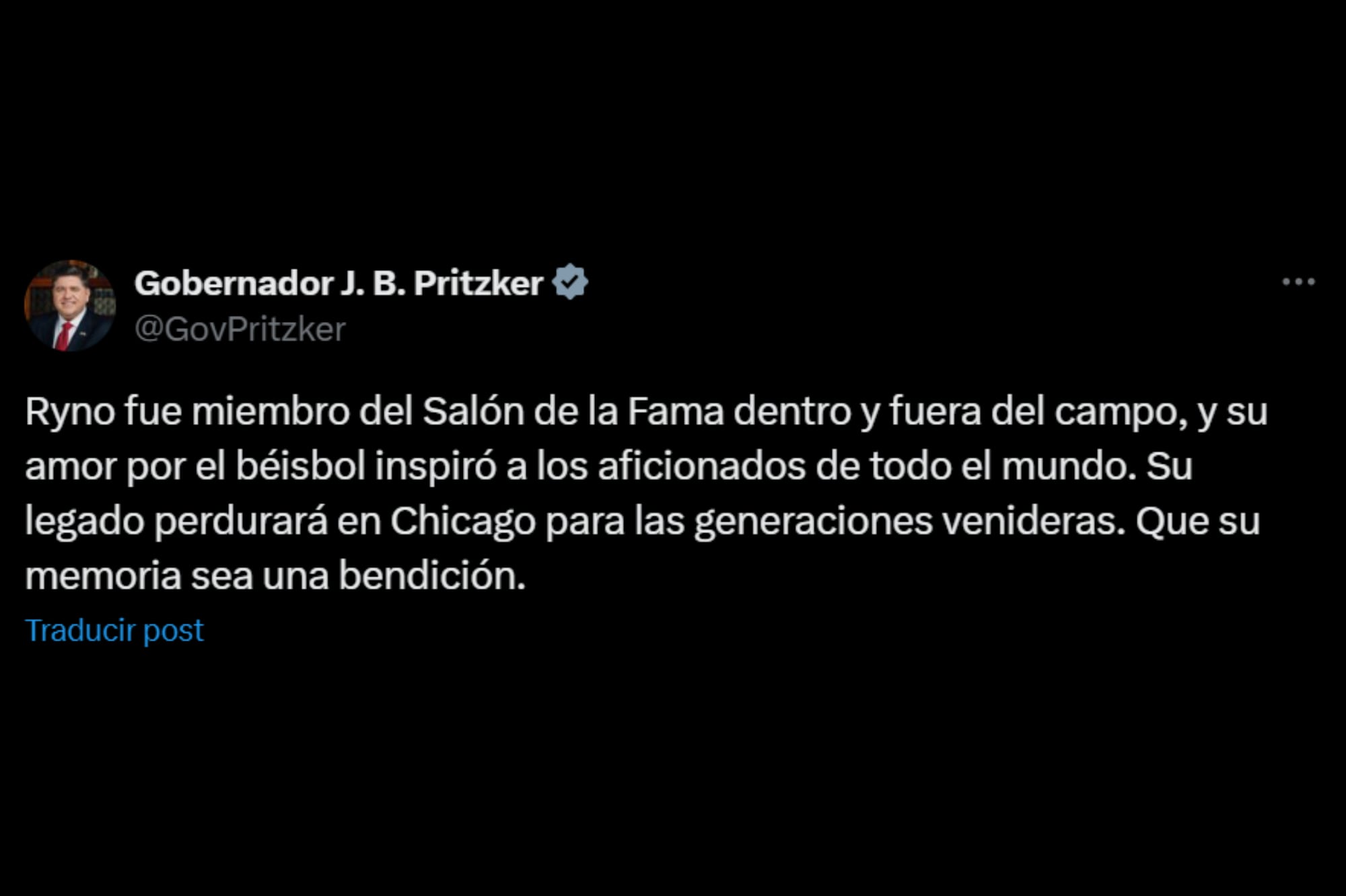 En un dedicado mensaje por X, Pritzker afirmó que Sandberg fue “miembro del Salón de la Fama dentro y fuera del campo”