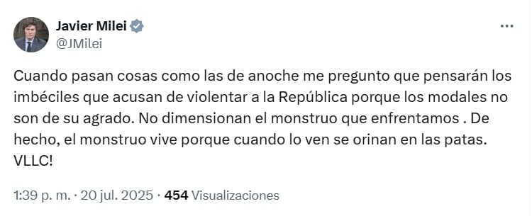 El posteo de Milei.