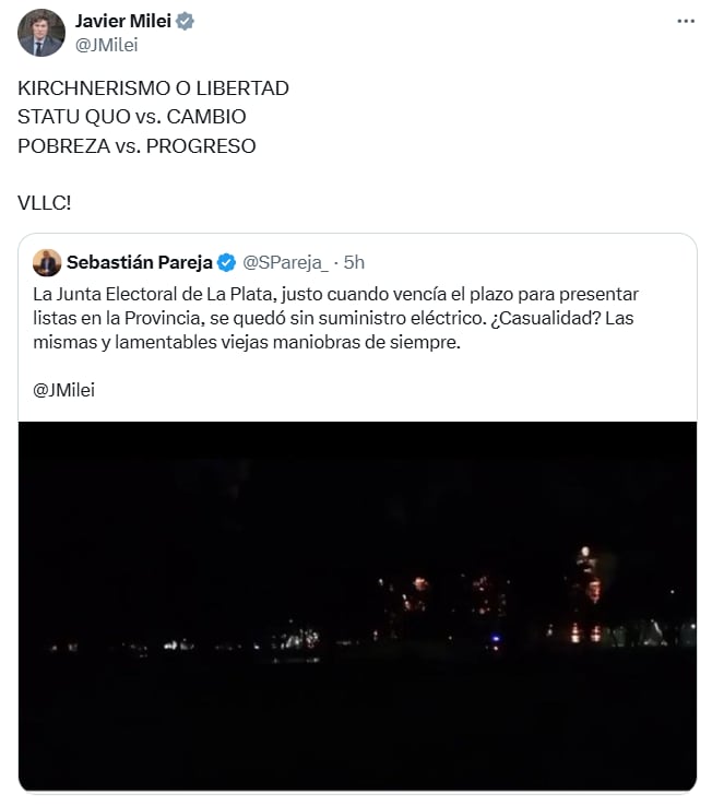 Otro tuit de Milei contra el corte de suministro en la provincia