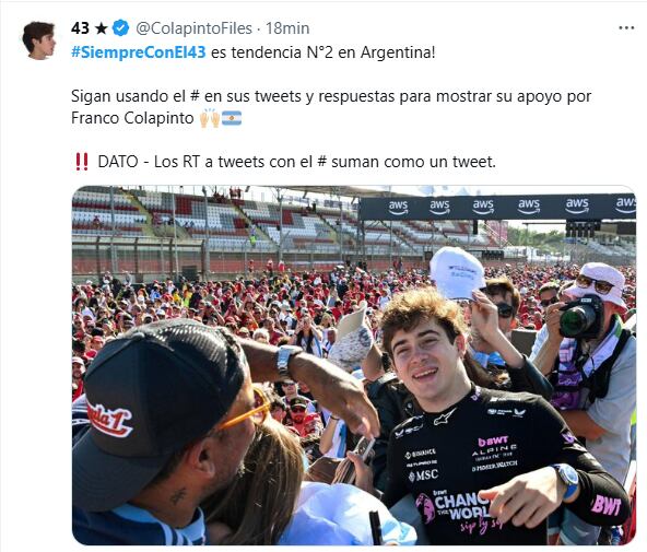 #SiempreConEl43, el hashtag que impulsaron los fanáticos de Colapinto en las redes sociales. (Foto: Captura X)