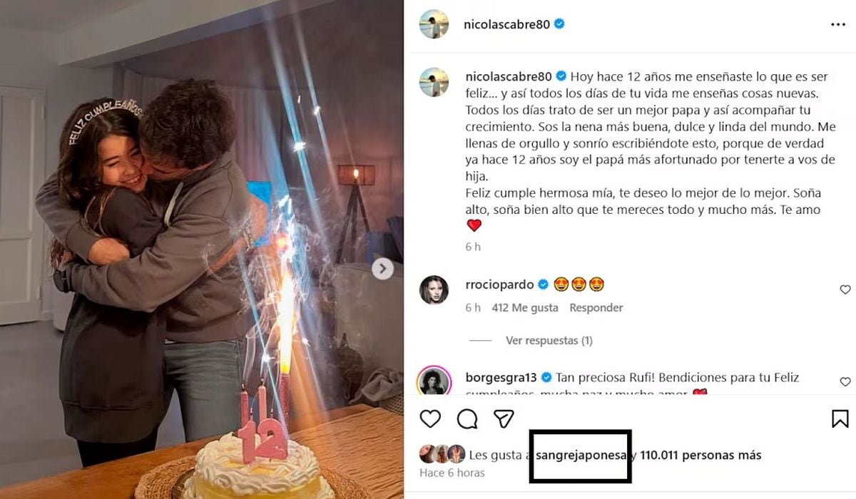 La China Suárez reaccionó al posteo de Nico Cabré para celebrar el cumpleaños 12 de su hija en común, Rufina. (Foto: Instagram / nicolascabre80)
