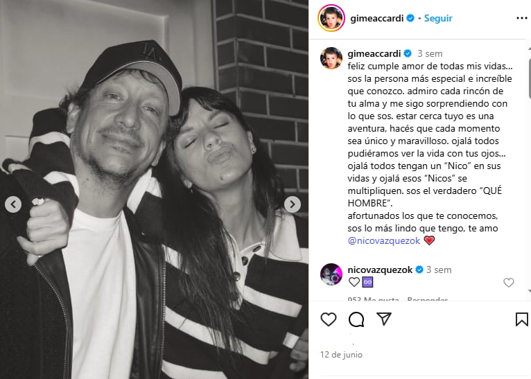 Así fue la emotiva declaración de amor de Gime Accardi a Nico Vázquez por su cumpleaños (Captura: Instagram @gimeaccardi)
