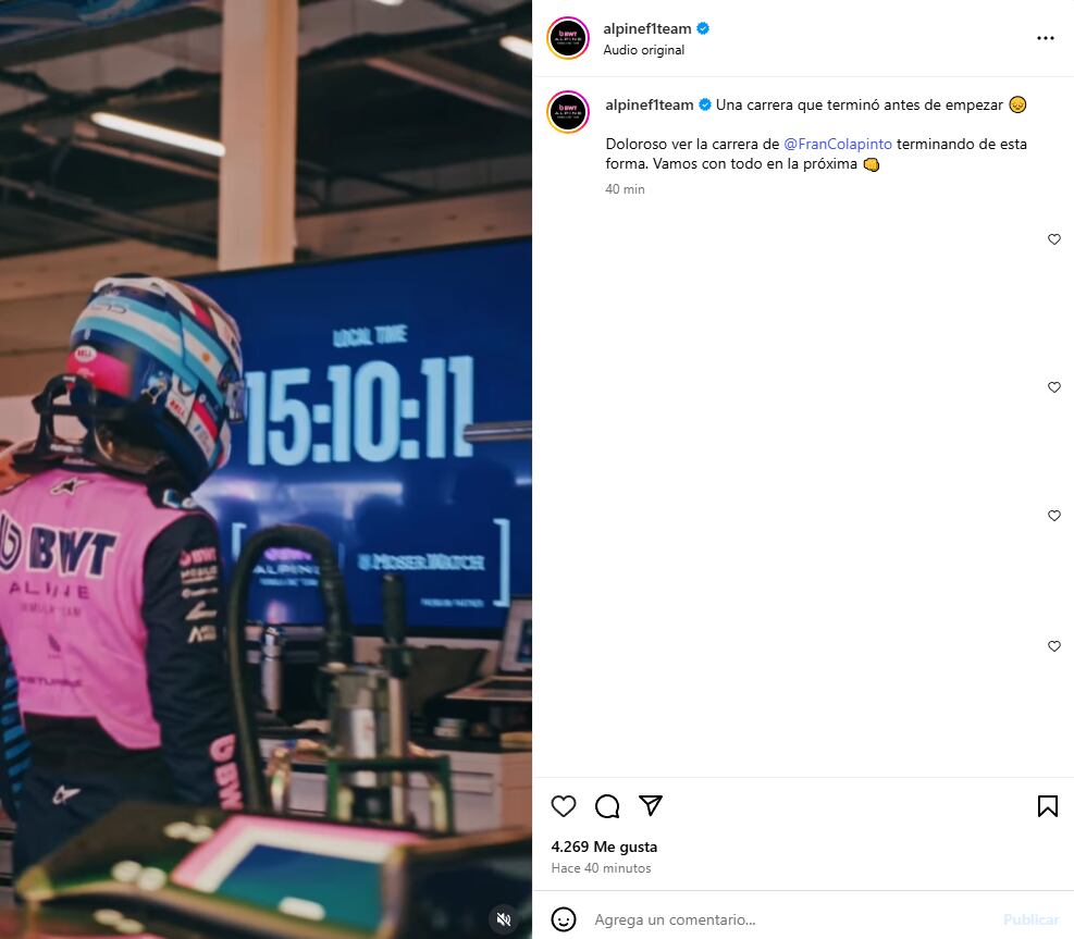 “Vamos con todo en la próxima”, la frase que ilusiona a los fanáticos de Franco Colapinto (Foto: IG/@alpinef1team)