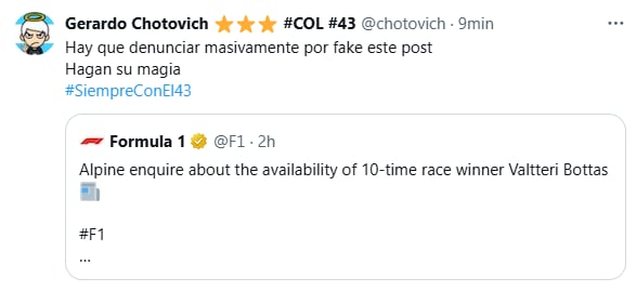 #SiempreConEl43, el hashtag que impulsaron los fanáticos de Colapinto en las redes sociales. (Foto: Captura X)