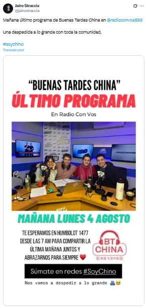 Jairo Straccia anunció el final de su programa en Radio Con Vos (X: @jairostraccia)