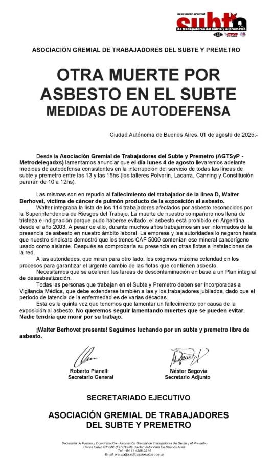 El comunicado de los representantes gremiales del subte (Foto: AGTSP).