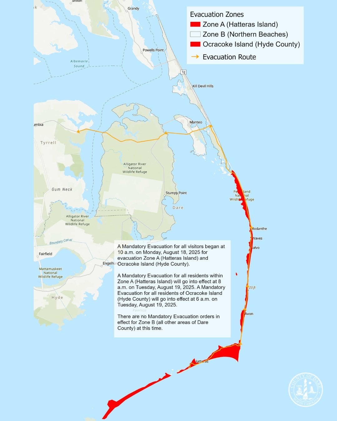 Las inundaciones podrían afectar tramos vulnerables de la Carretera 12 de Carolina del Norte en la Isla Hatteras en la tarde de este 20 de agosto