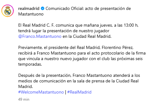 El Real Madrid presentará a Mastantuono el jueves en una conferencia de prensa (Foto: IG @realmadrid)