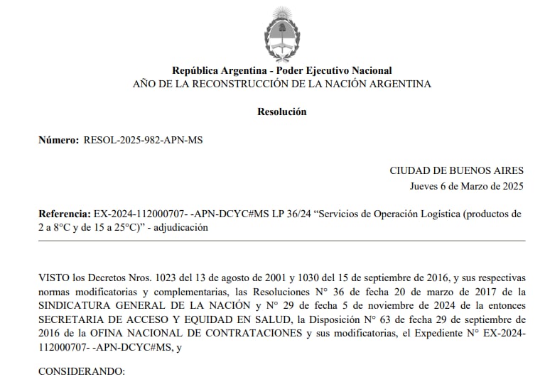 Acta de adjudicación firmada por el ministro Mario Lugones, el 6 de marzo