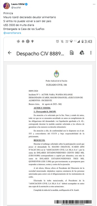 Revés judicial para Mauro Icardi (Foto: Captura X /laubfal)