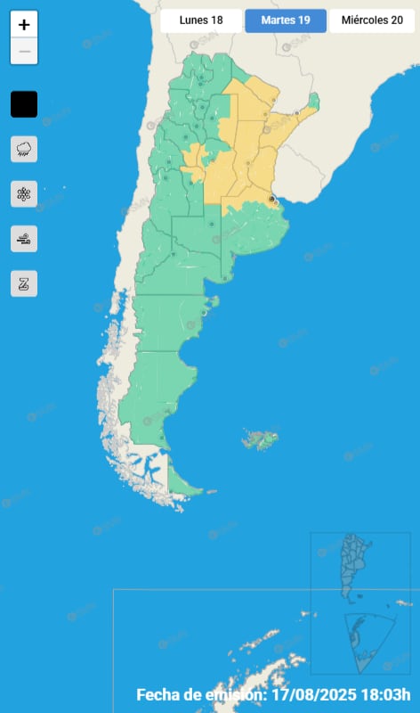 Las zonas afectadas por tormentas fuertes para este martes 19 de agosto. (Captura: smn.gob.ar)
