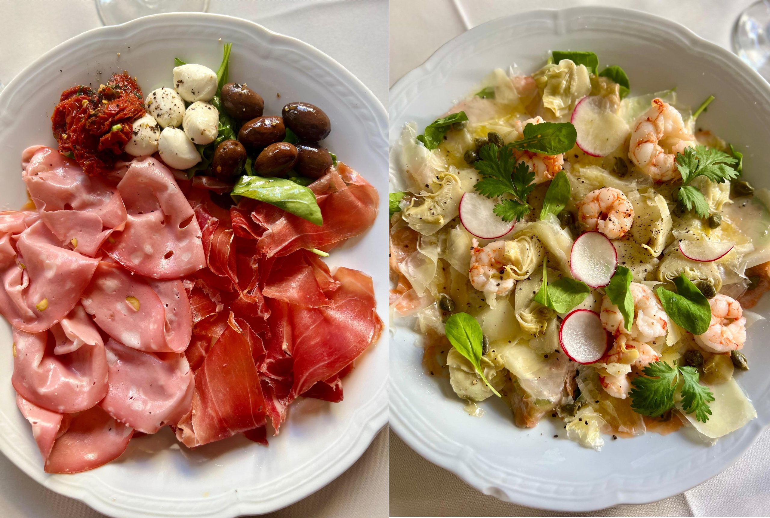 Los platos de Cornelio: Antipasto del salumieri y carpaccio de salmón y langostinos