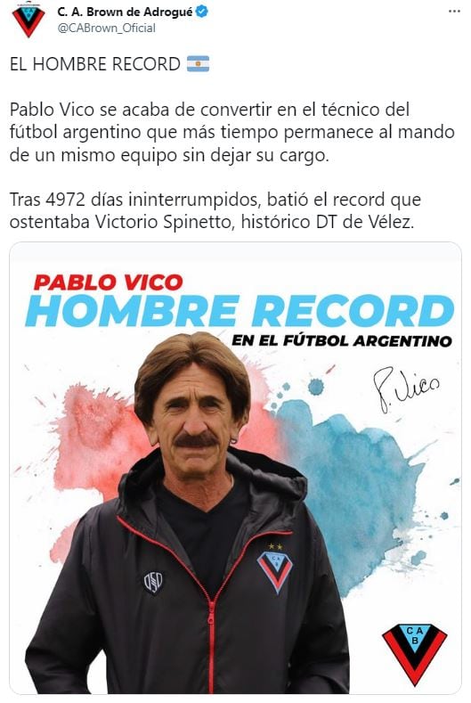 Vicó es el técnico récord del fútbol argentino. Dirigió durante 15 años consecutivos a Brown de Adrogué.