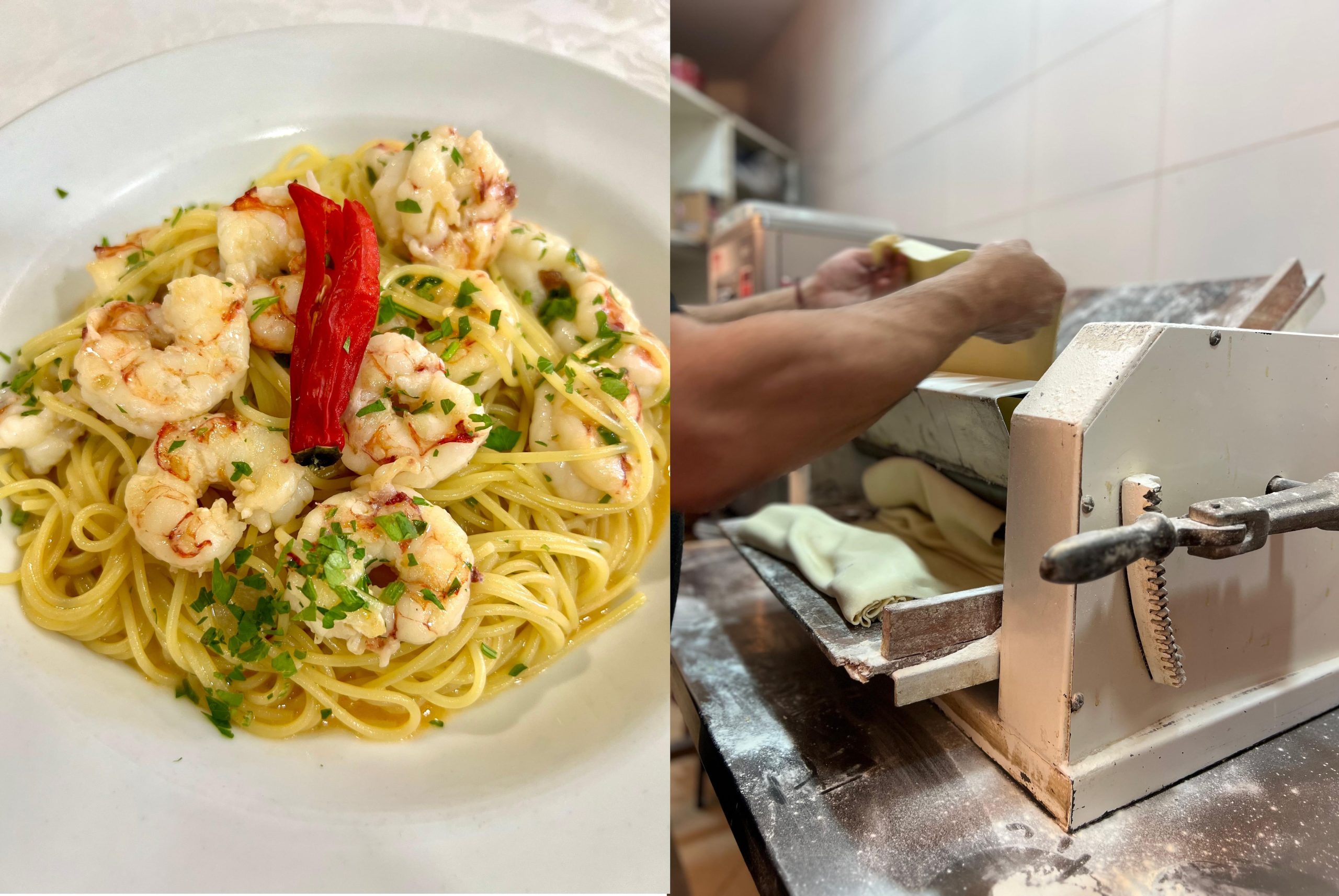 Spaghetti con gamberi y pesto y la máquina para hacer pastas caseras