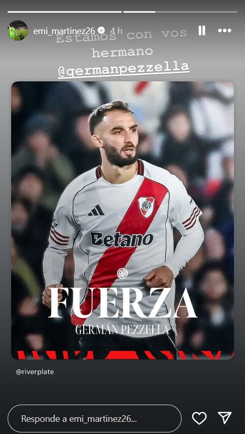El mensaje de apoyo del Dibu a Pezzella tras su lesión. (Foto: Instagram - @emi_martinez26)