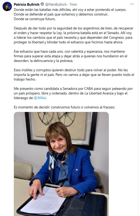 Patricia Bullrich confirmó que será candidata a Senadora por CABA dentro de La Libertad Avanza (Foto: Captura X / patobullrich)