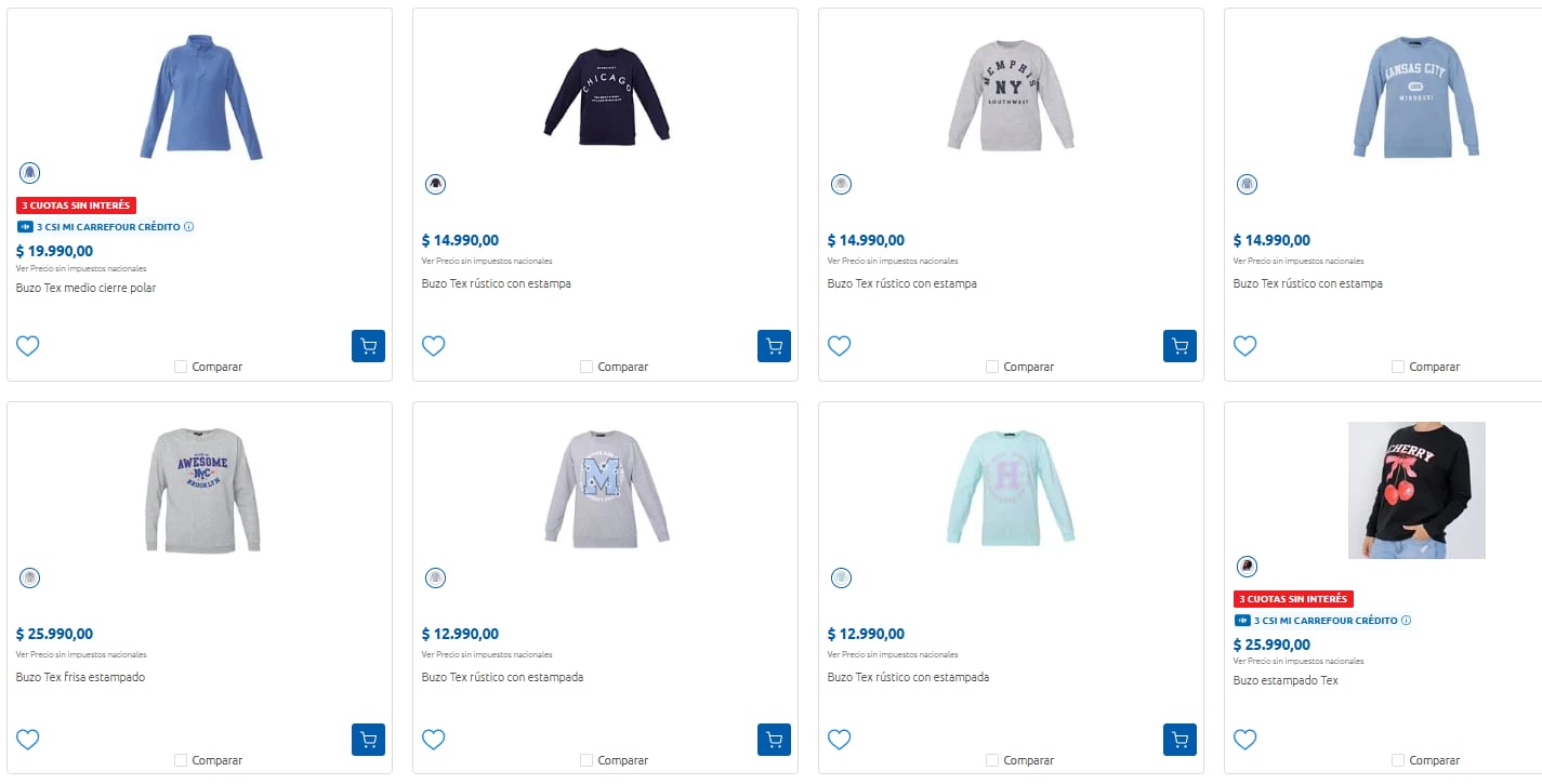 Algunos de los buzos disponibles en Carrefour (Foto: Carrefour).