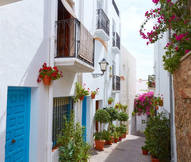 Sus calles estrechas dejan apreciar las casas pintadas de blanco y azul, con sus faroles y balcones llenos de flores