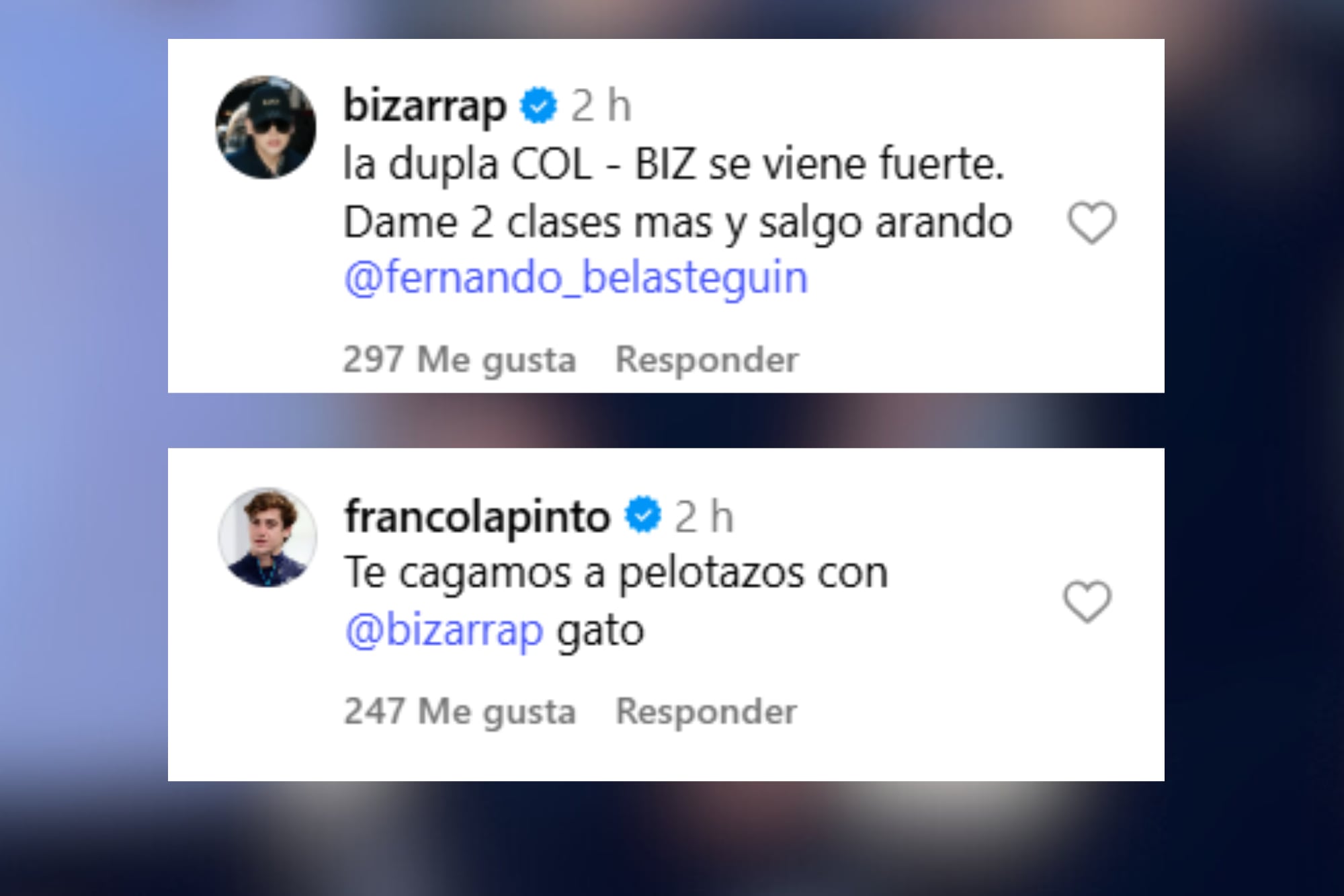 Los graciosos comentarios de Colapinto y Bizarrap en el posteo de Belasteguín