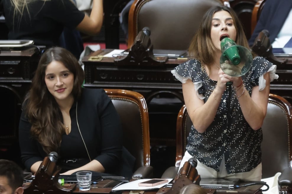 Sesión en la Cámara de Diputados para tratar el DNU por el acuerdo con el FMI. La diputada Marcela Pagano le habla con un megáfono al Martín Menem