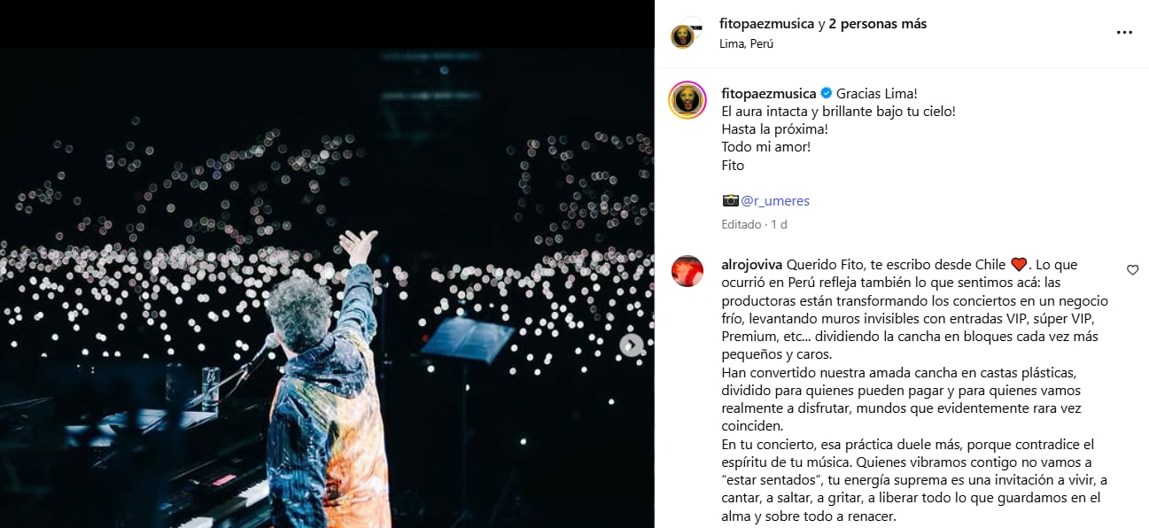 Fito Páez le agradeció a su público (Foto: Captura Instagram/@fitopaezmusica)