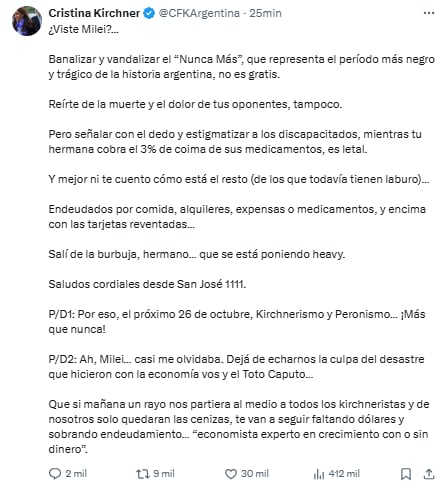 El contundente posteo de Cristina Kirchner en su cuenta oficial de X