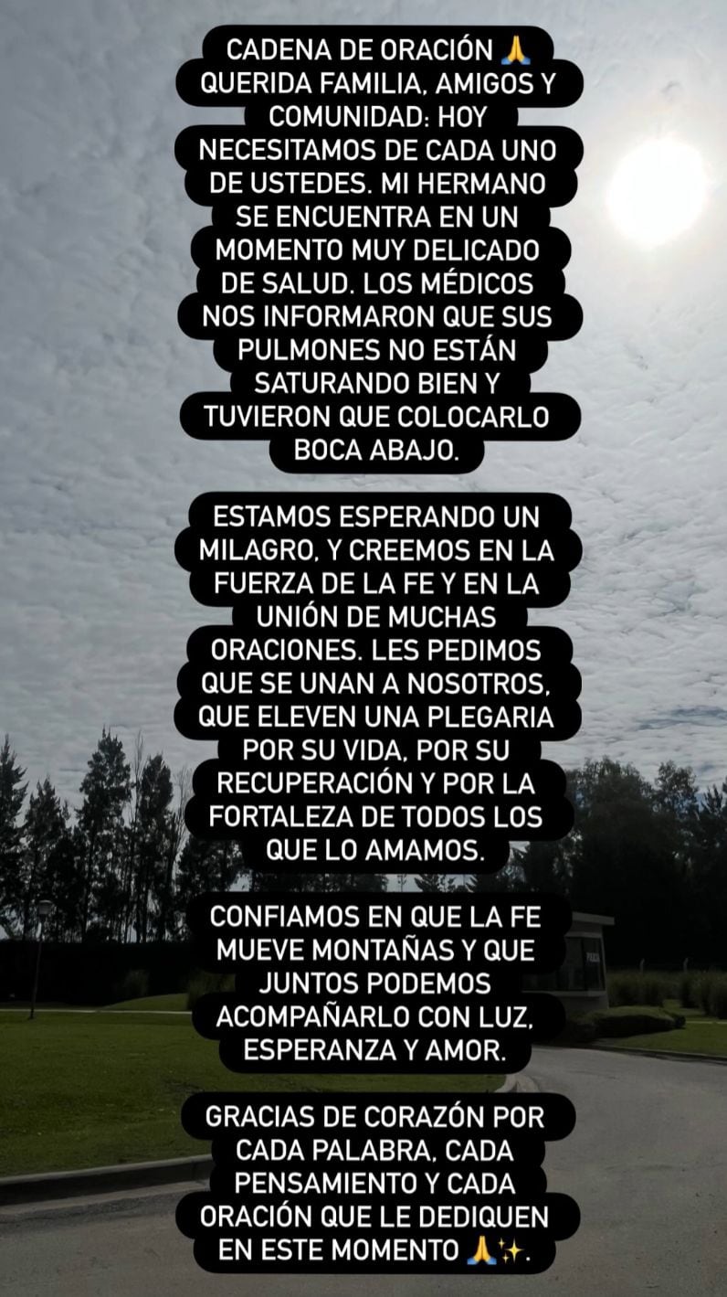 Otra historia compartida en Instagram por Camila sobre la salud de su hermano, Thiago Medina